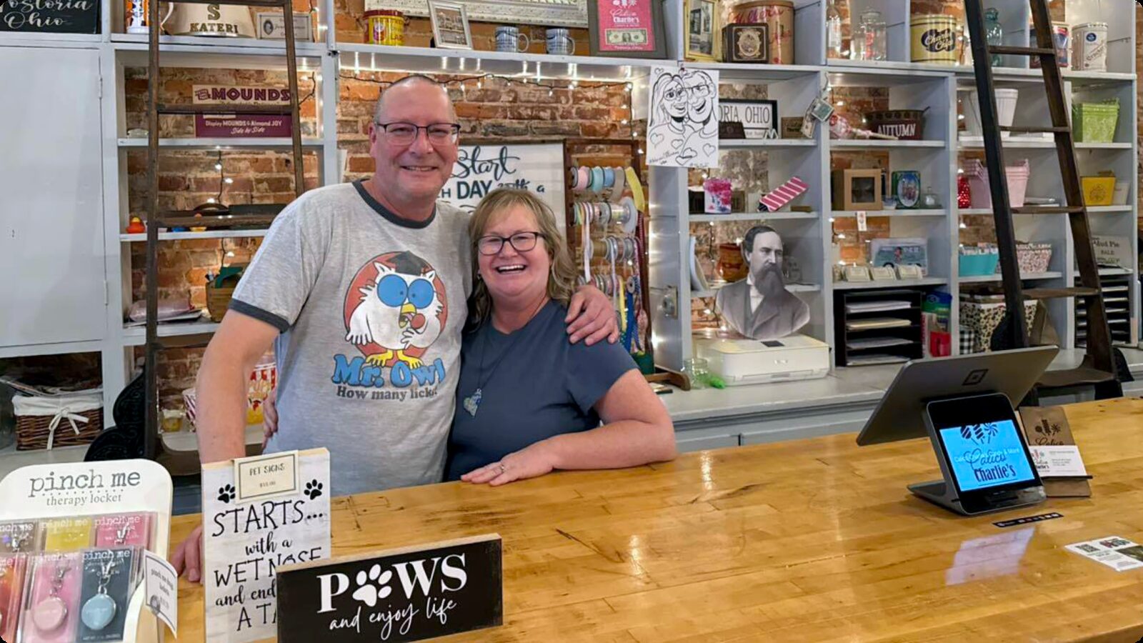 Owners Kristin and Matt Koester behind the counter at Calico Charlie’s Candy & More in downtown Fostoria